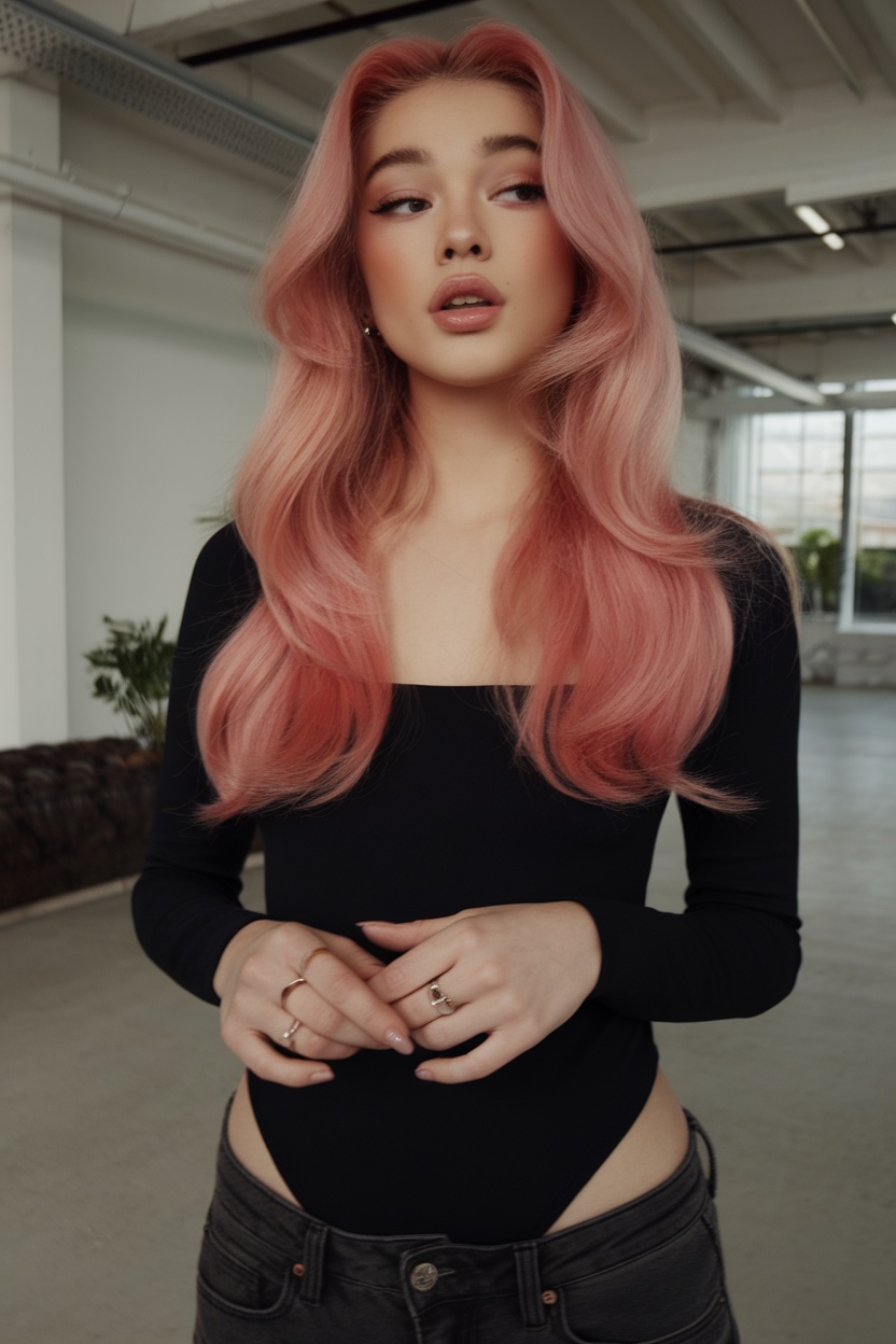 Soft pink wavy hairstyle, modern feminine look
