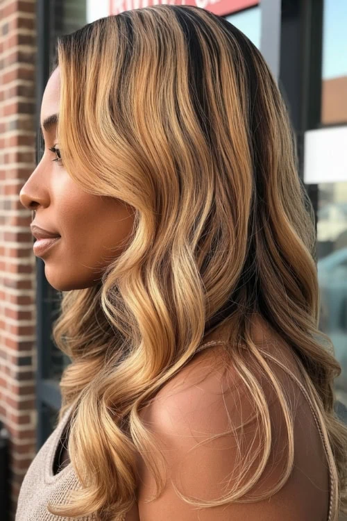 Side profile of golden blonde waves with dimension