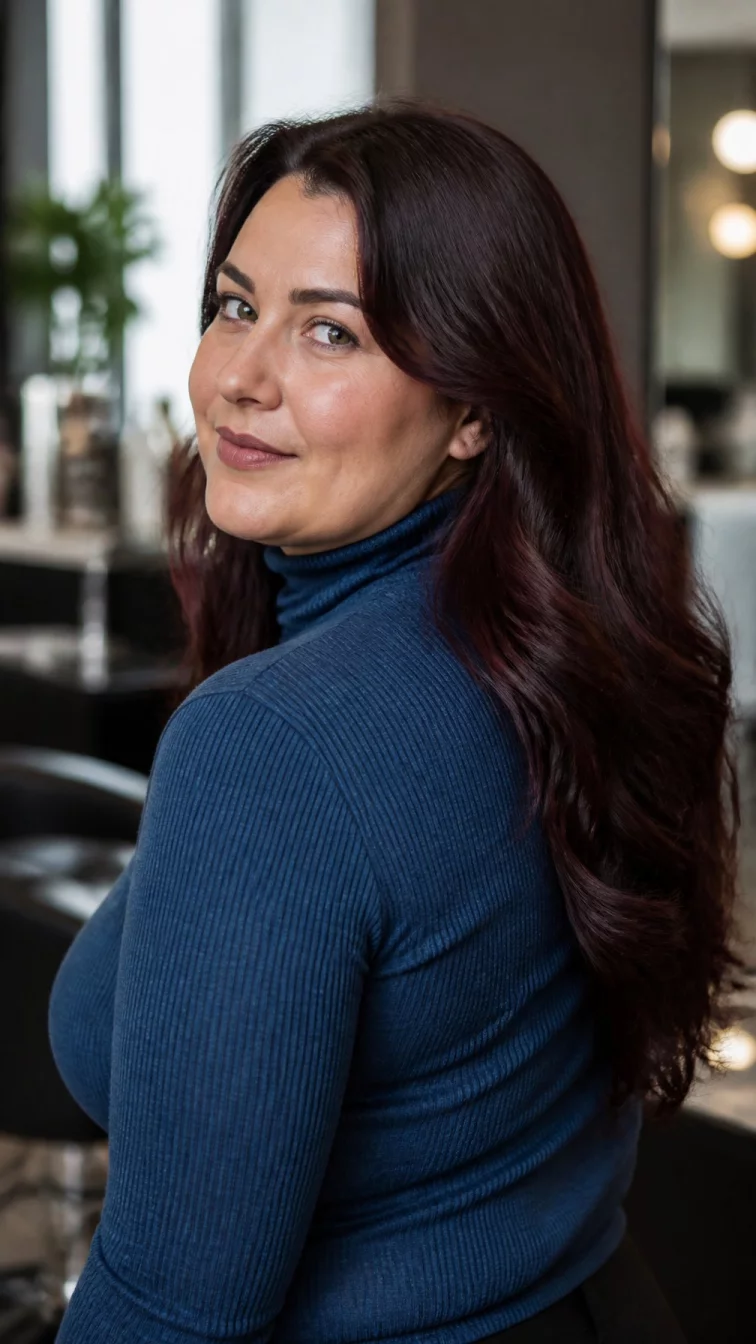 Long burgundy hair with sleek finish