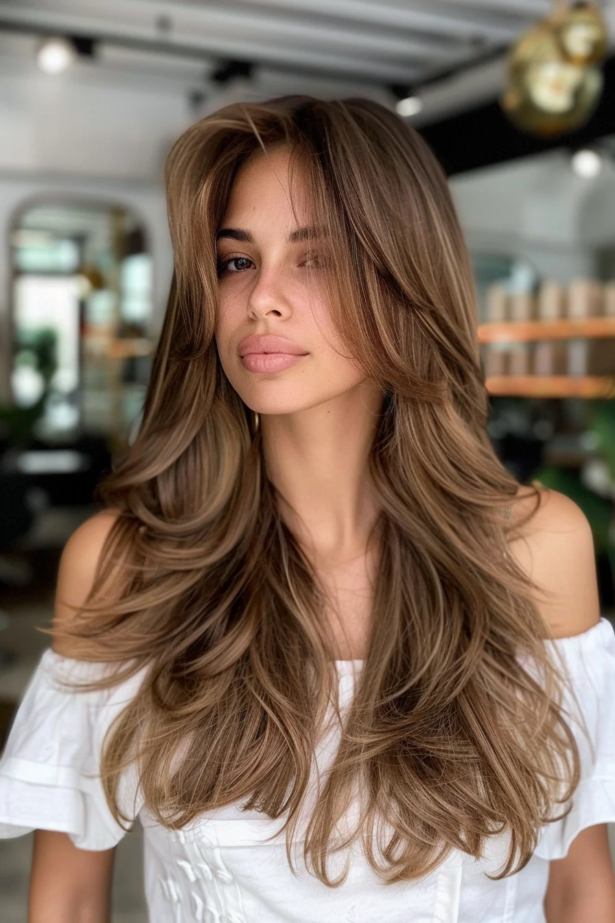 Long chocolate brown hair with layered texture