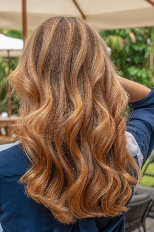 Long caramel honey waves with warm tones