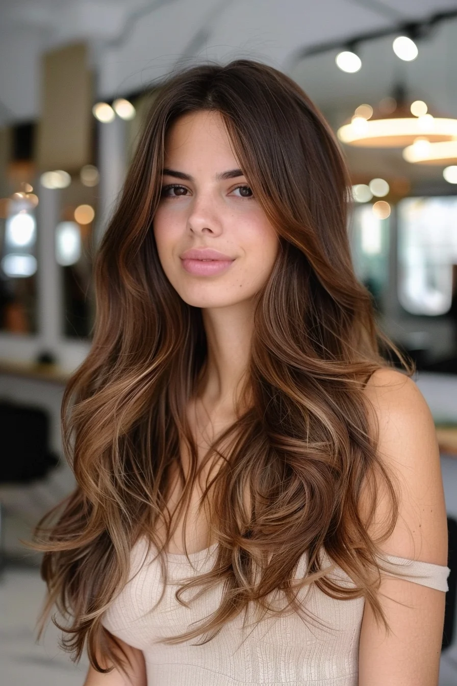 Long brunette hair with caramel highlights