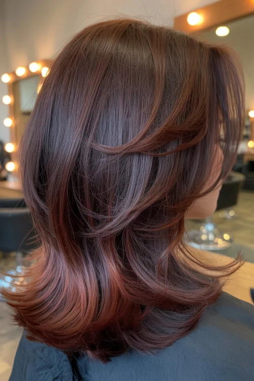 Medium-length layered mahogany bob with volume