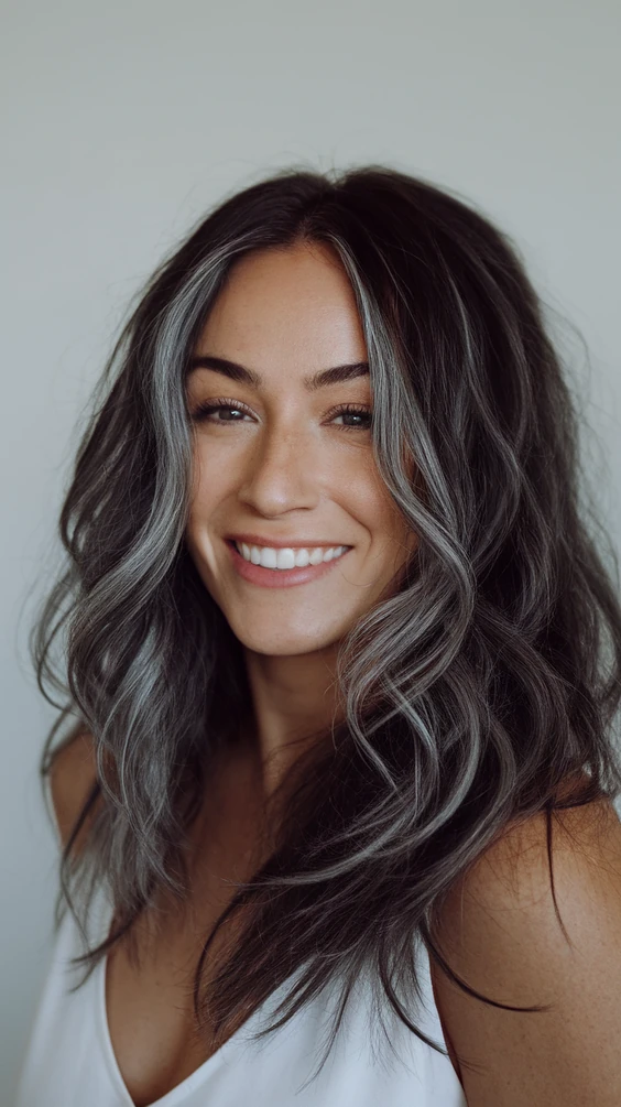 Dark wavy hair with ash highlights