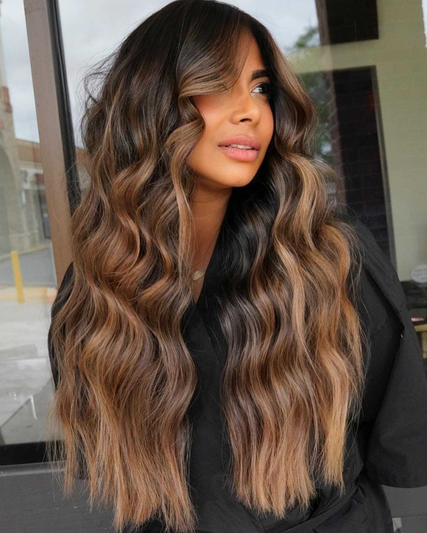 Long brunette hair with balayage highlights