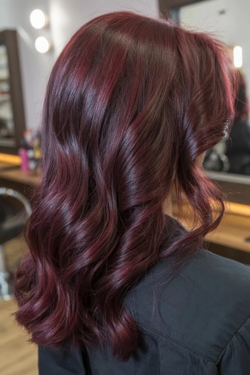 Rich burgundy hair with defined curls