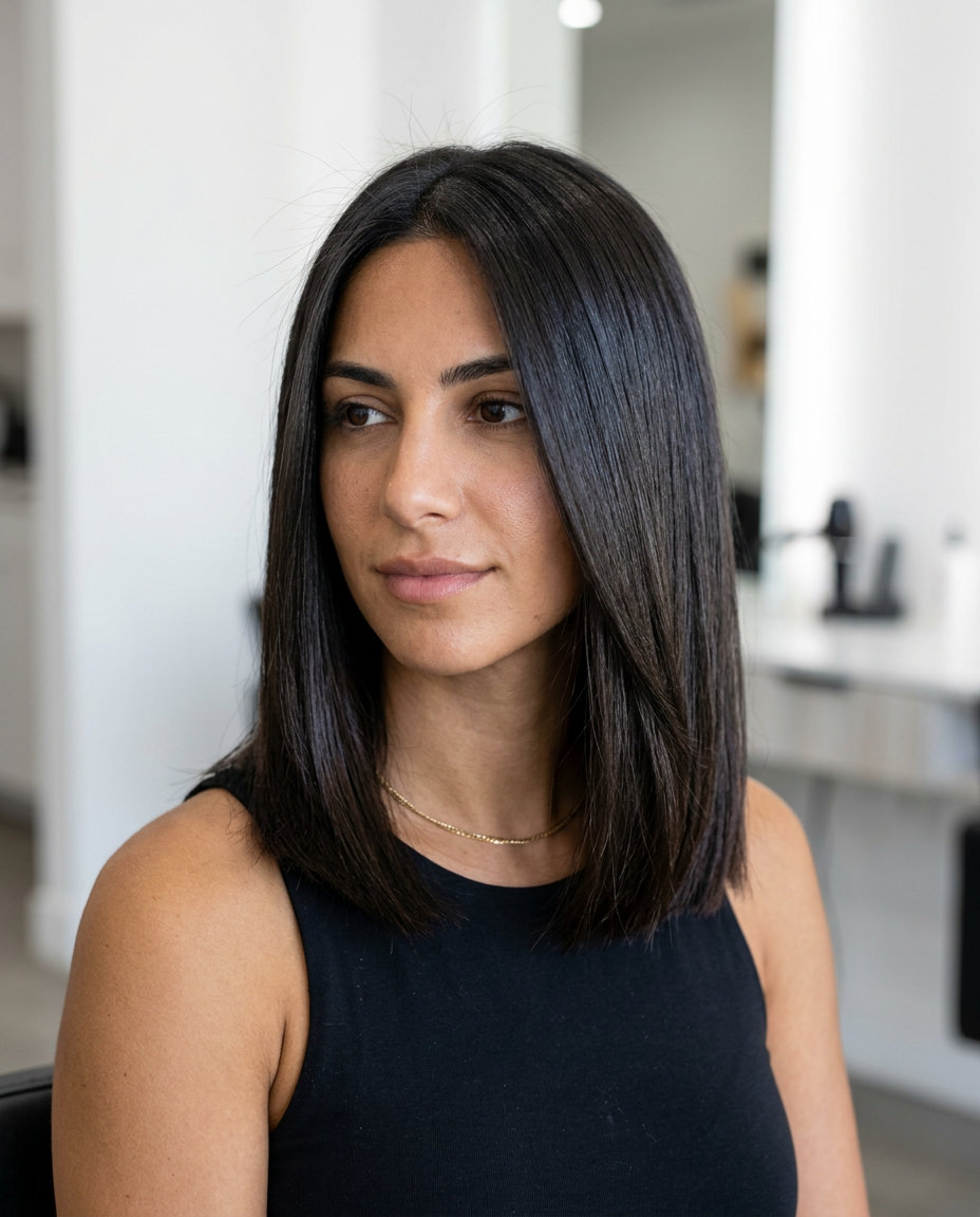 Sleek long bob with a glossy finish for a polished look