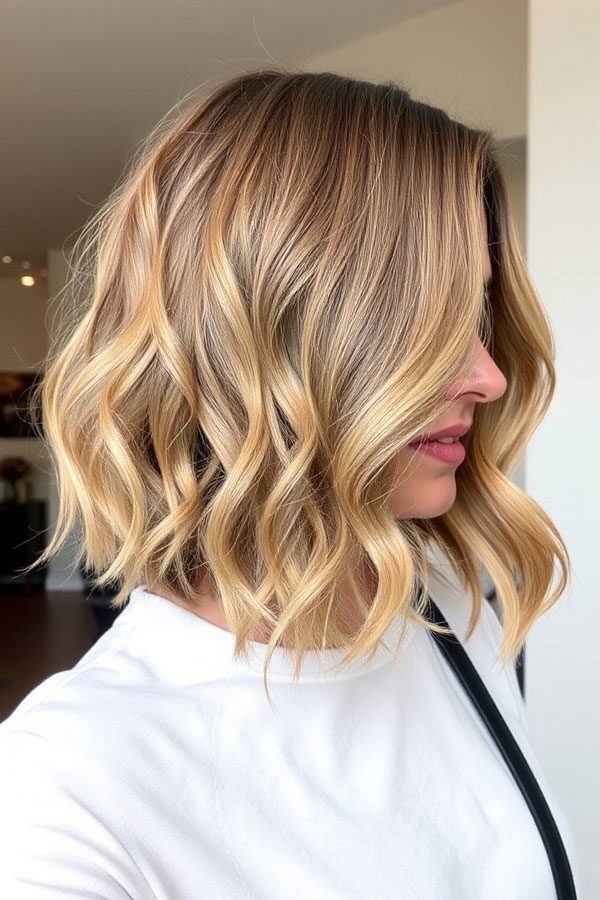 Wavy lob with honey highlights for sunlit glow