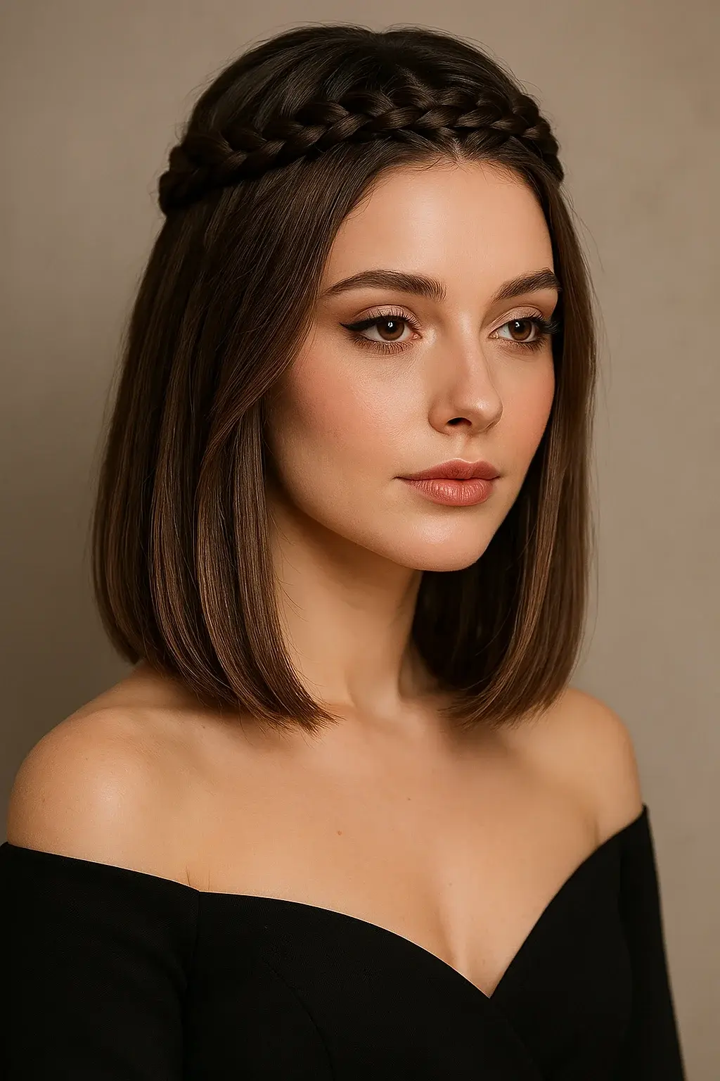 Sleek bob with braided crown for bohemian touch