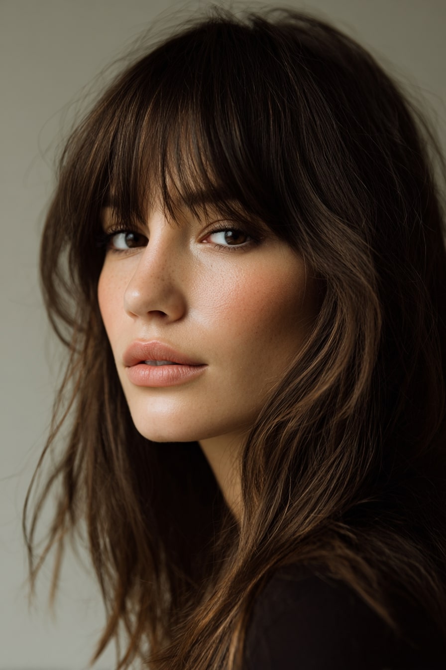 Effortlessly tousled shag with bangs for relaxed vibe