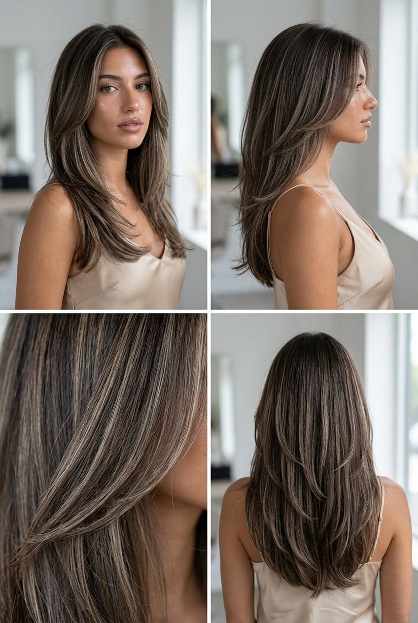Layered brunette with ash highlights for dimensional effect