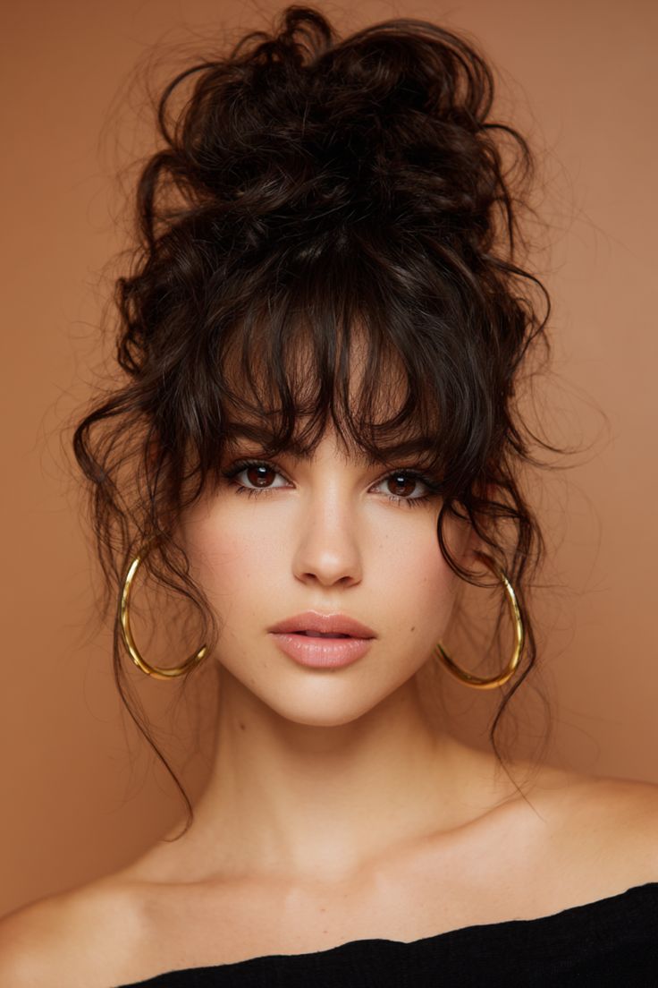 Chic high bun with soft bangs and loose strands