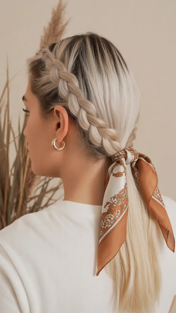 Chic braided low ponytail with decorative scarf