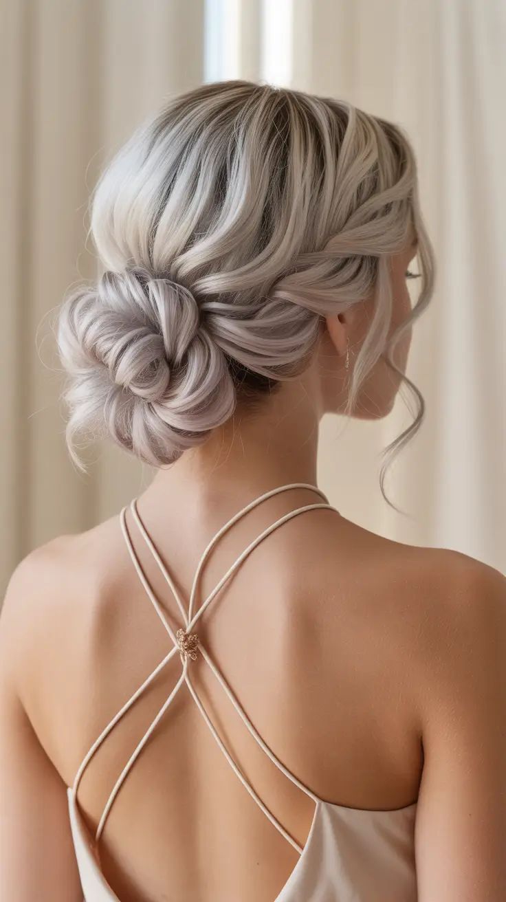 Silvery blonde low bun with loose waves
