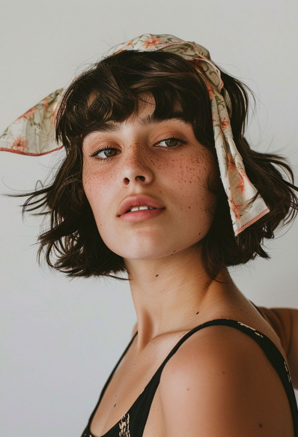 Chic bob hairstyle with headscarf and waves
