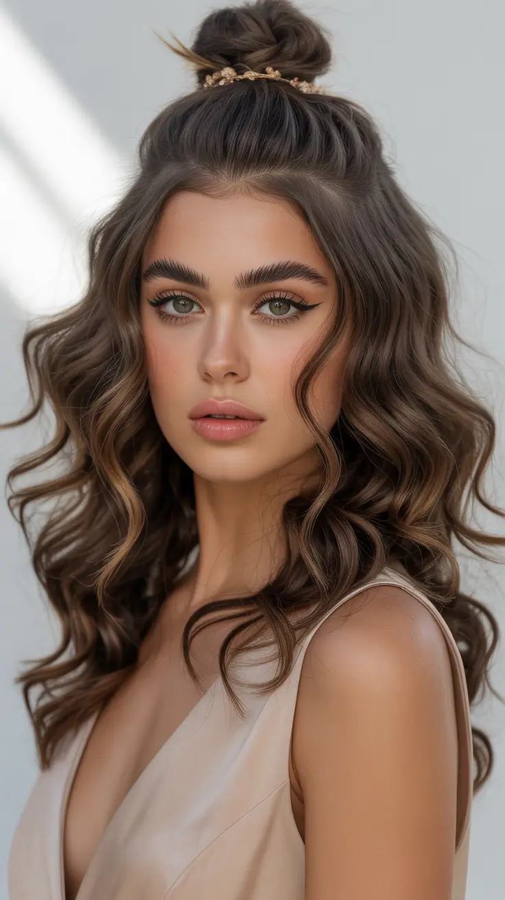 Half-up top knot with defined curls