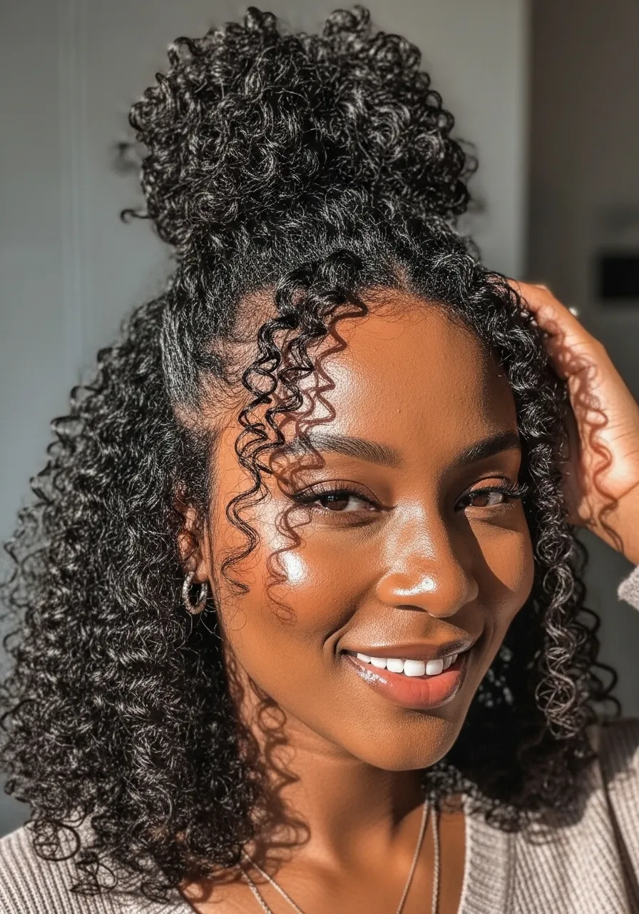Playful half-up curly bun with defined curls