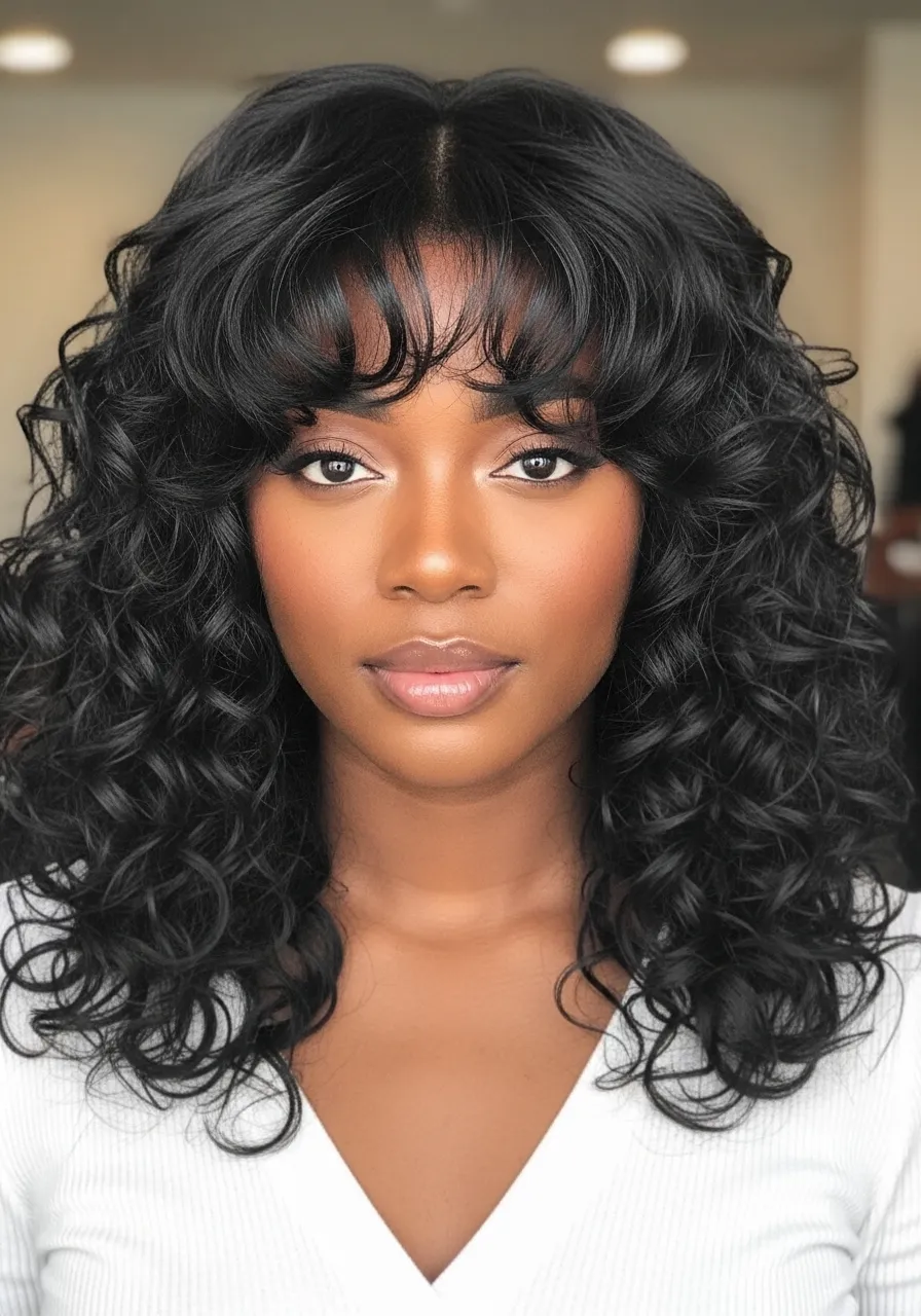 Voluminous curly shag with curtain bangs