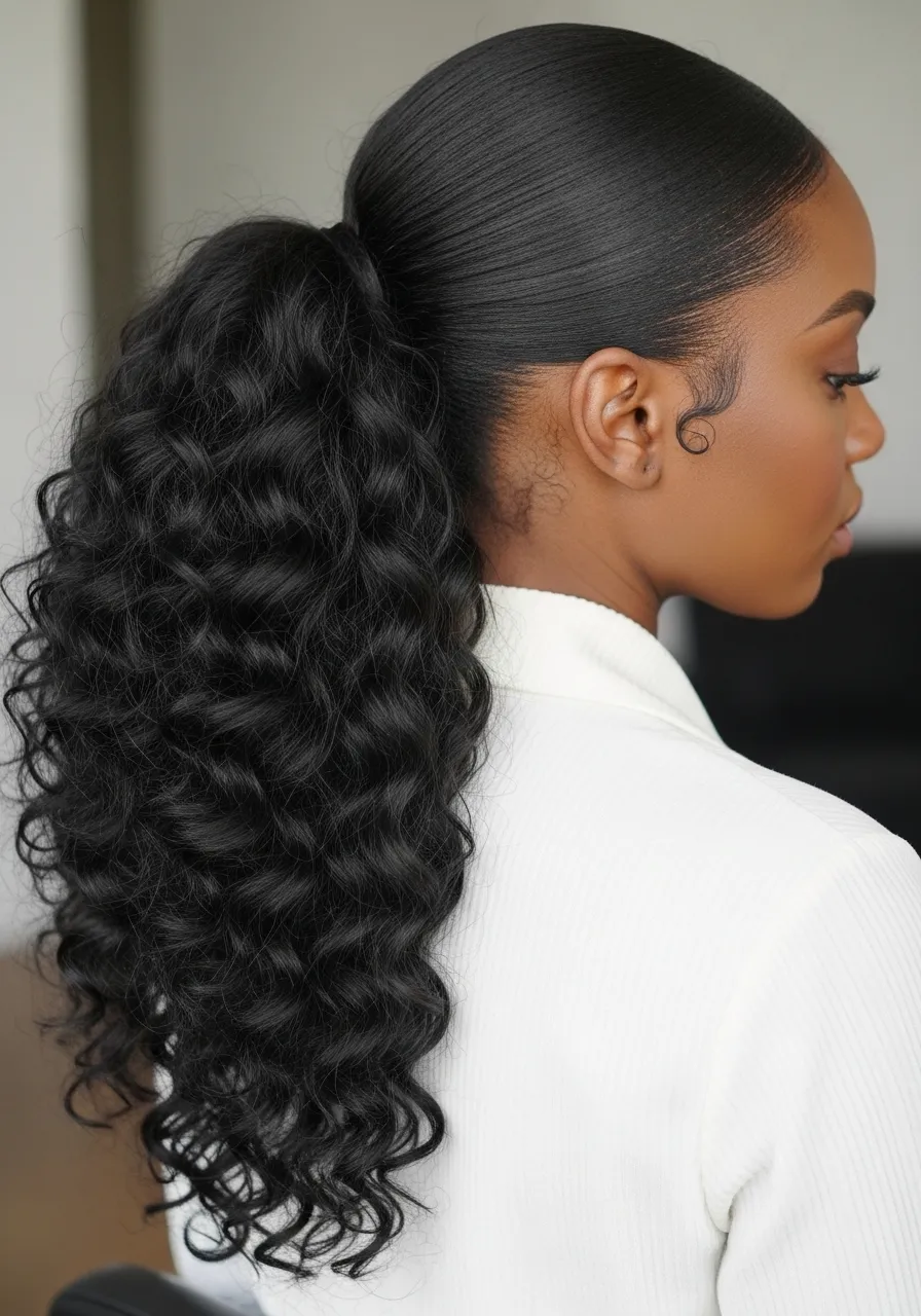 Sleek low ponytail with defined curls