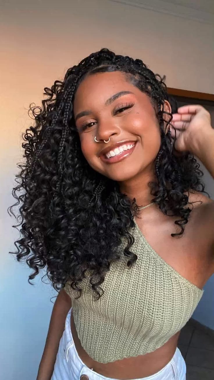 Curly hair with side braids for volume