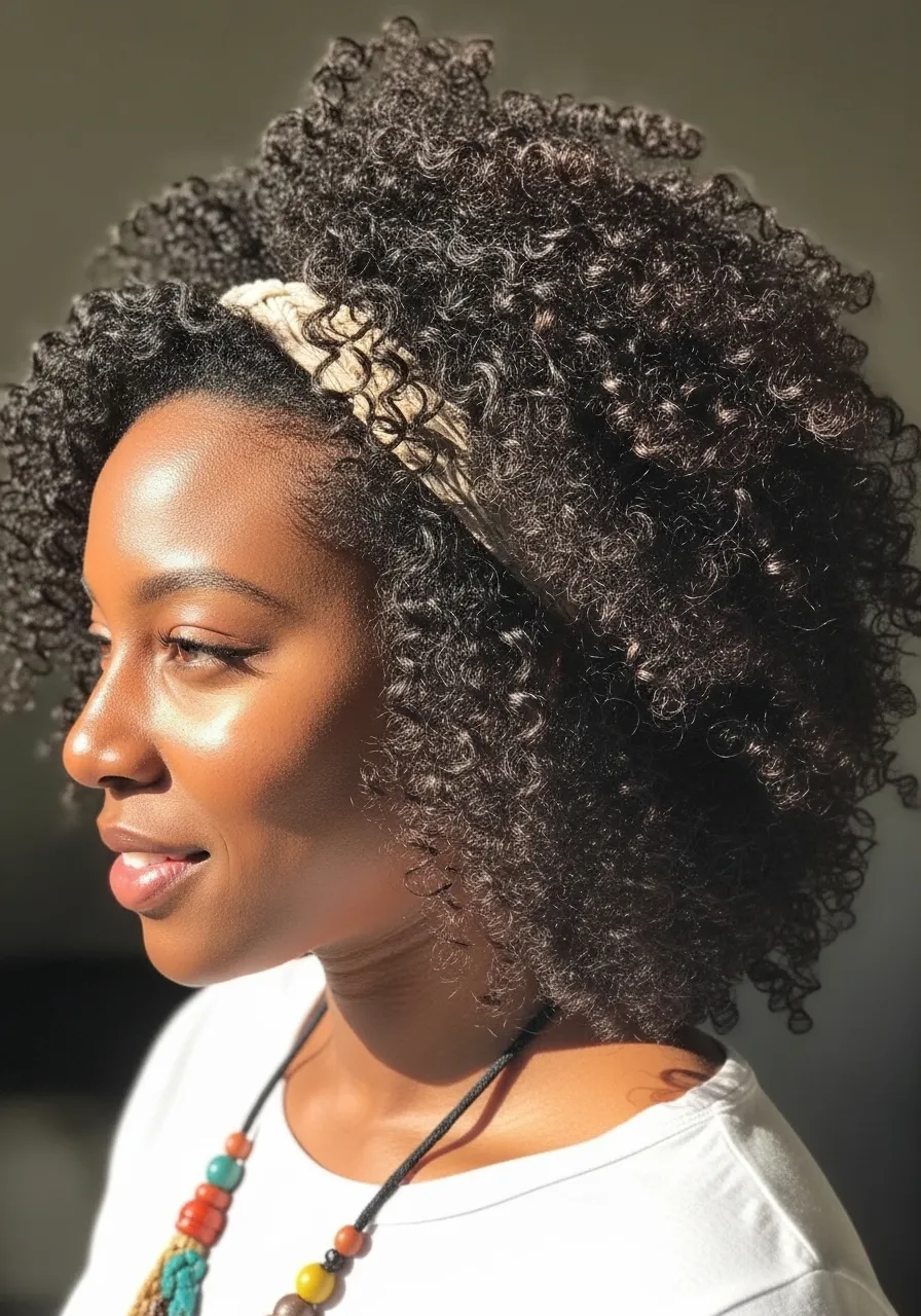Defined curls with headband for volume