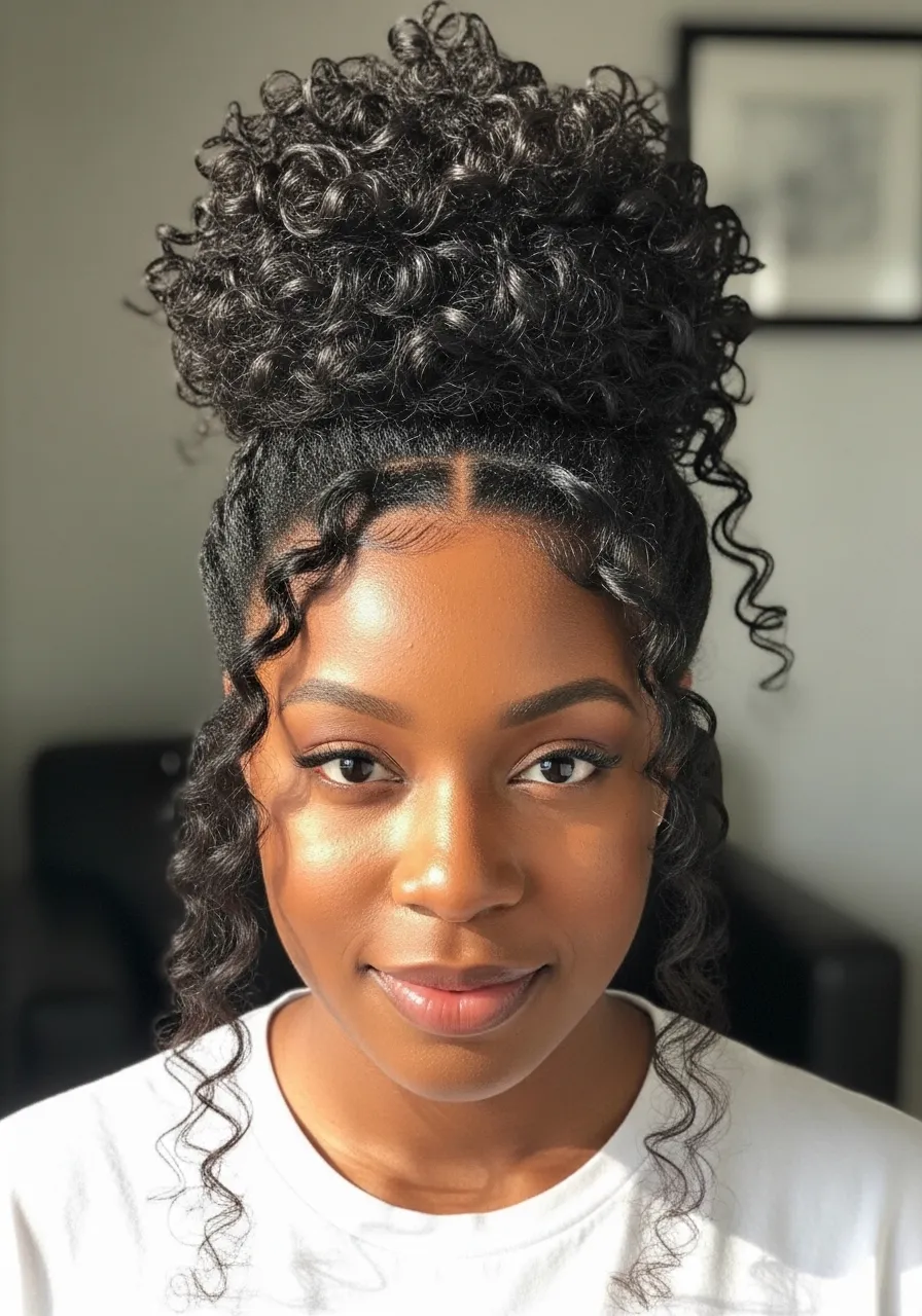 Curly high bun with face-framing tendrils