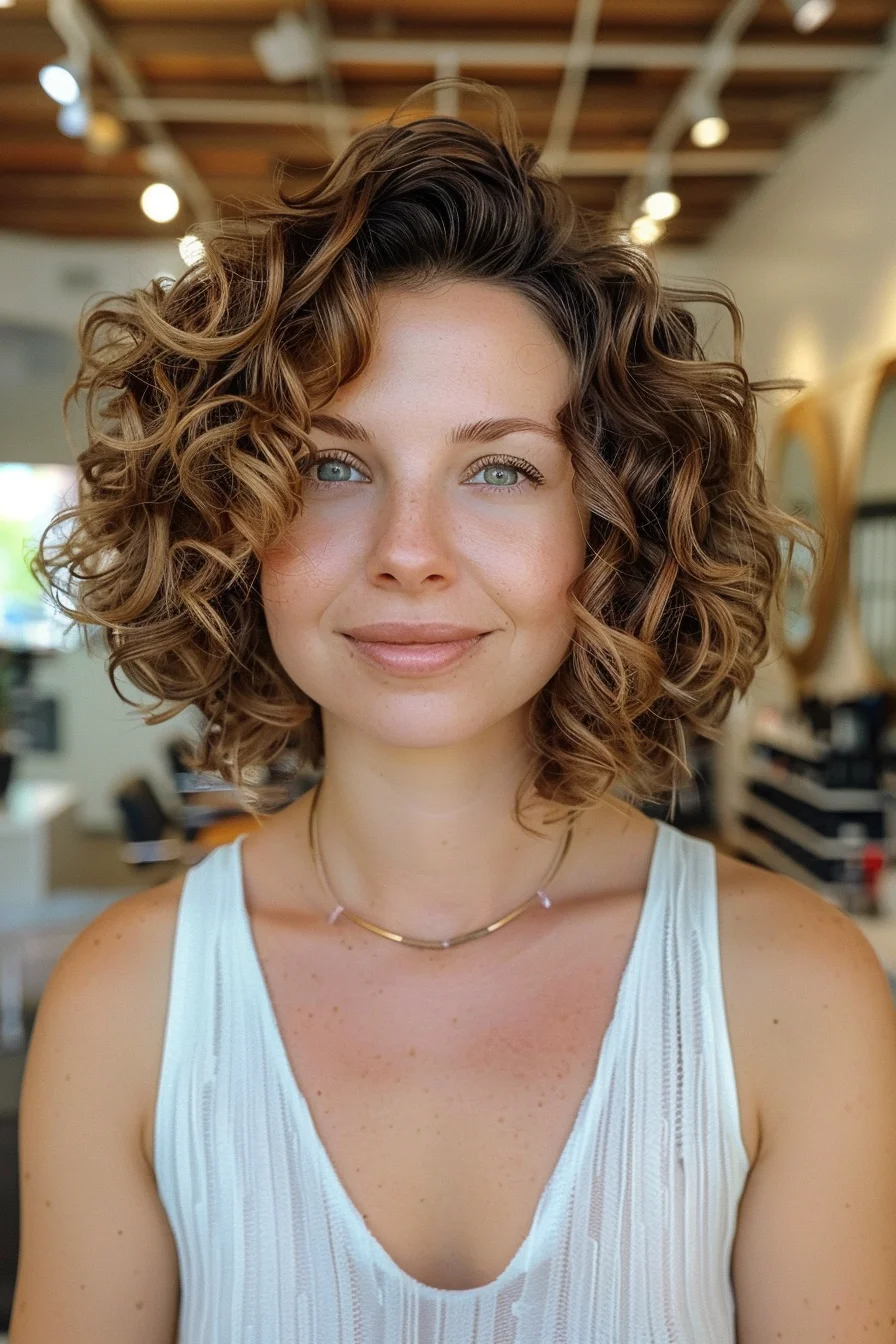 Defined curls with caramel highlights for added warmth