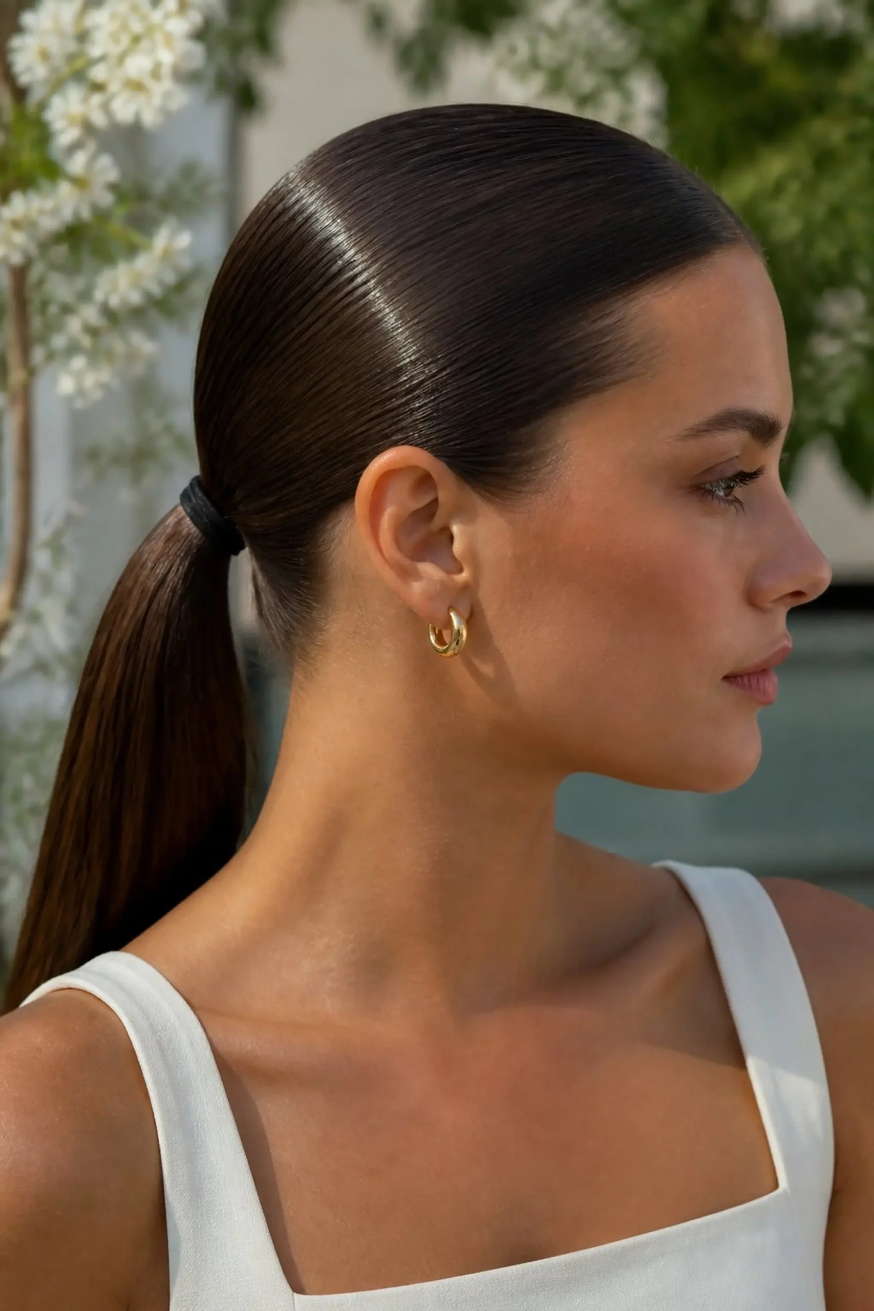 Low ponytail with sleek, glossy finish