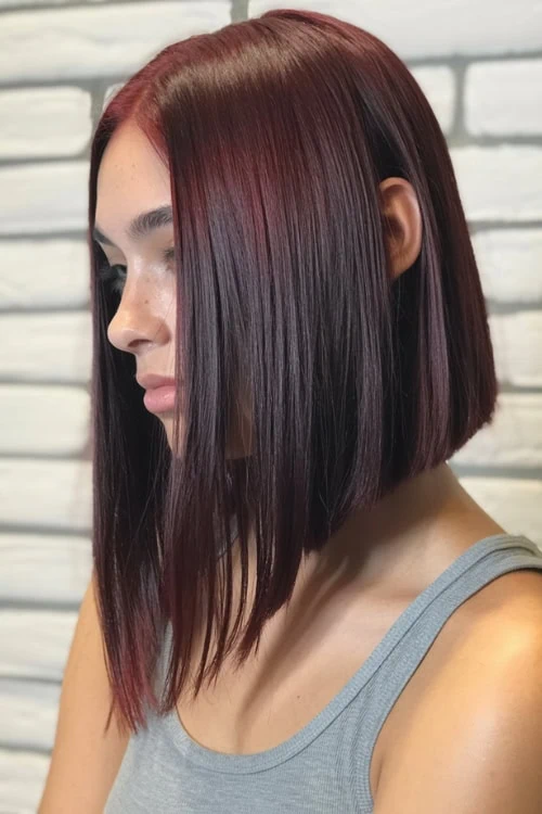 Sleek A-line bob with mahogany color