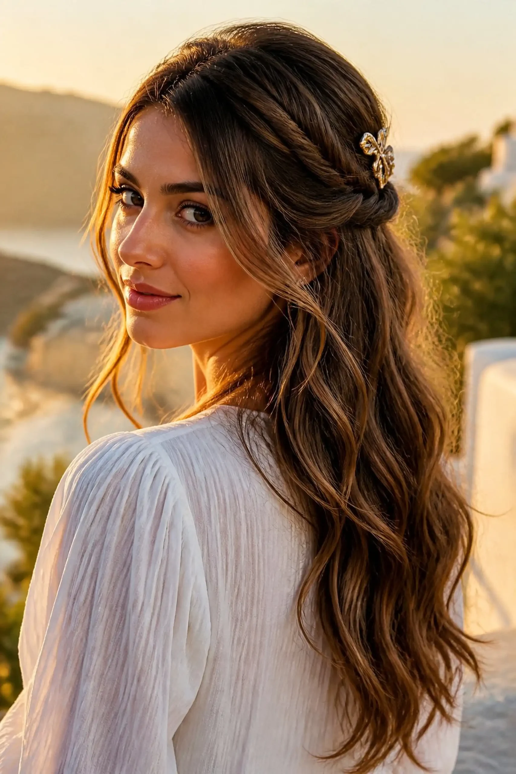 Half-up hairstyle with soft waves