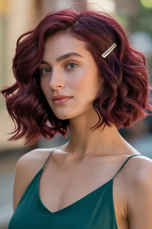 Textured burgundy bob with waves