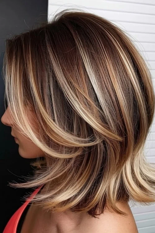 Layered bob with bold blonde highlights