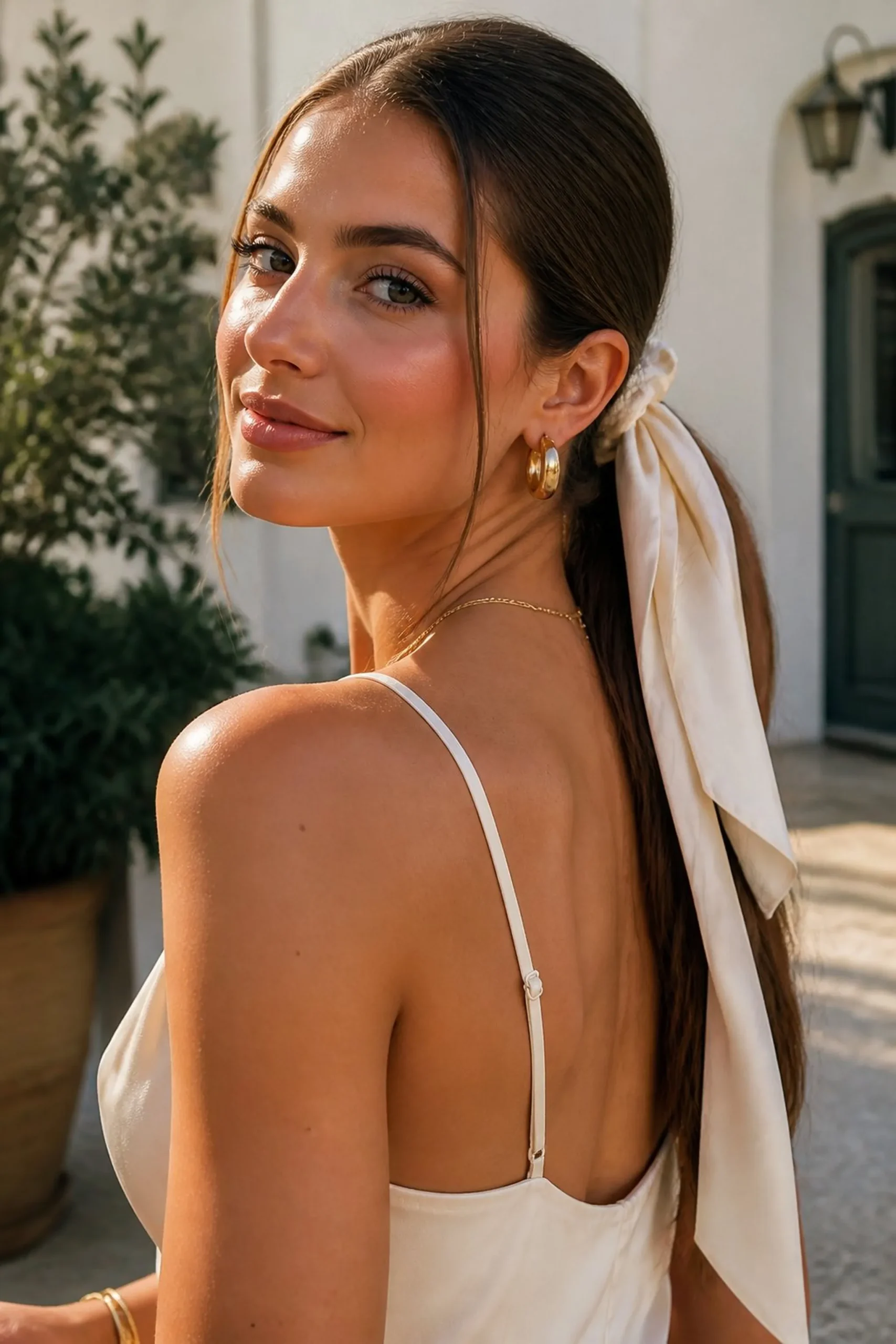 Low ponytail with silk ribbon