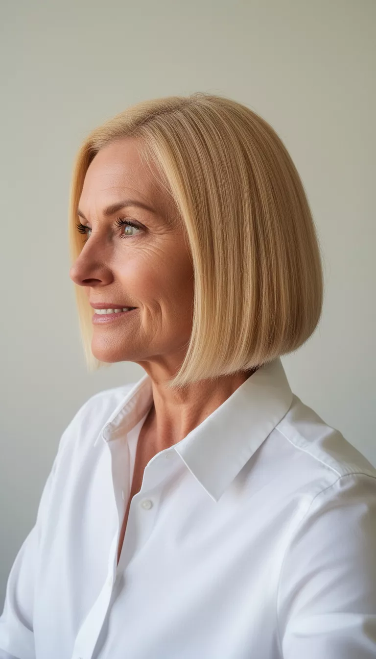 Sleek blonde bob haircut for older women