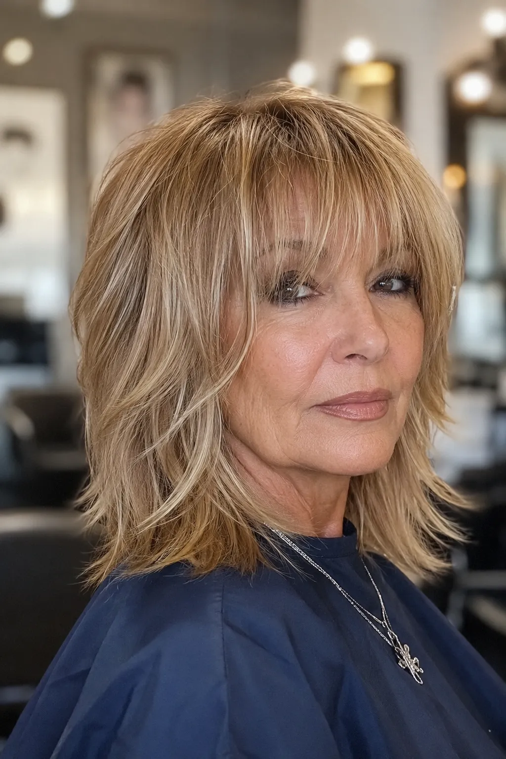 Shaggy layered cut with bangs for mature women
