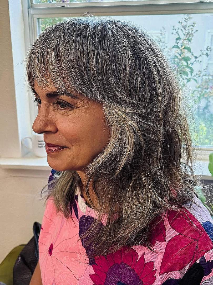 Layered silver waves with soft bangs
