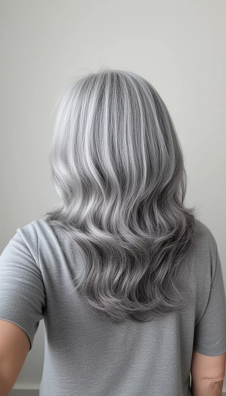 Silver hair with layered waves and shine