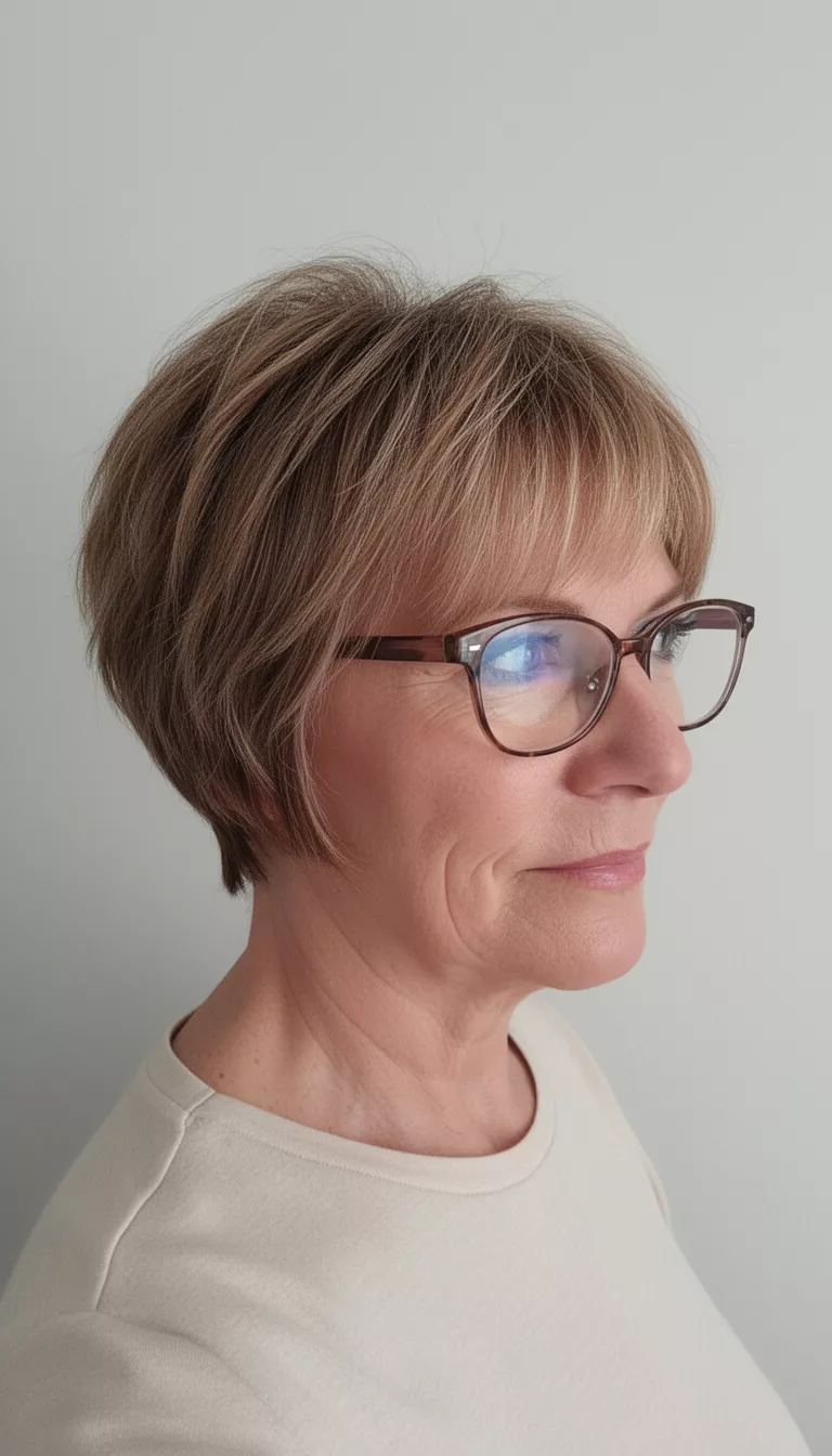 Soft pixie cut with side bangs for older women