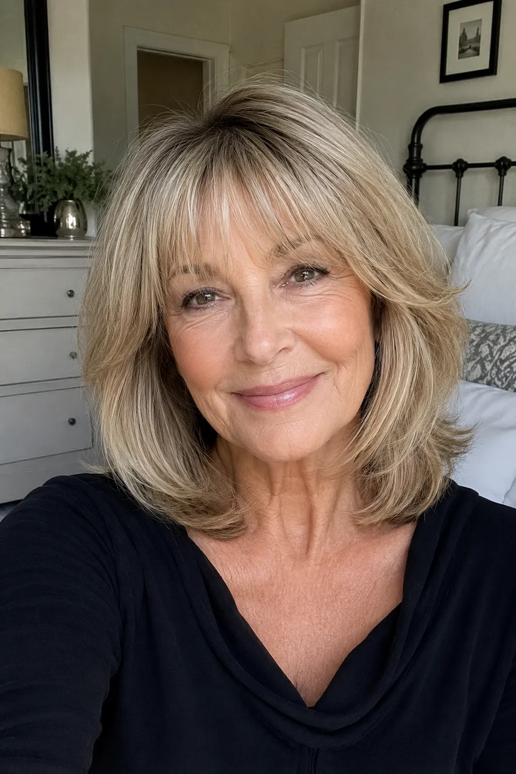 Classic layered cut with bangs for older women