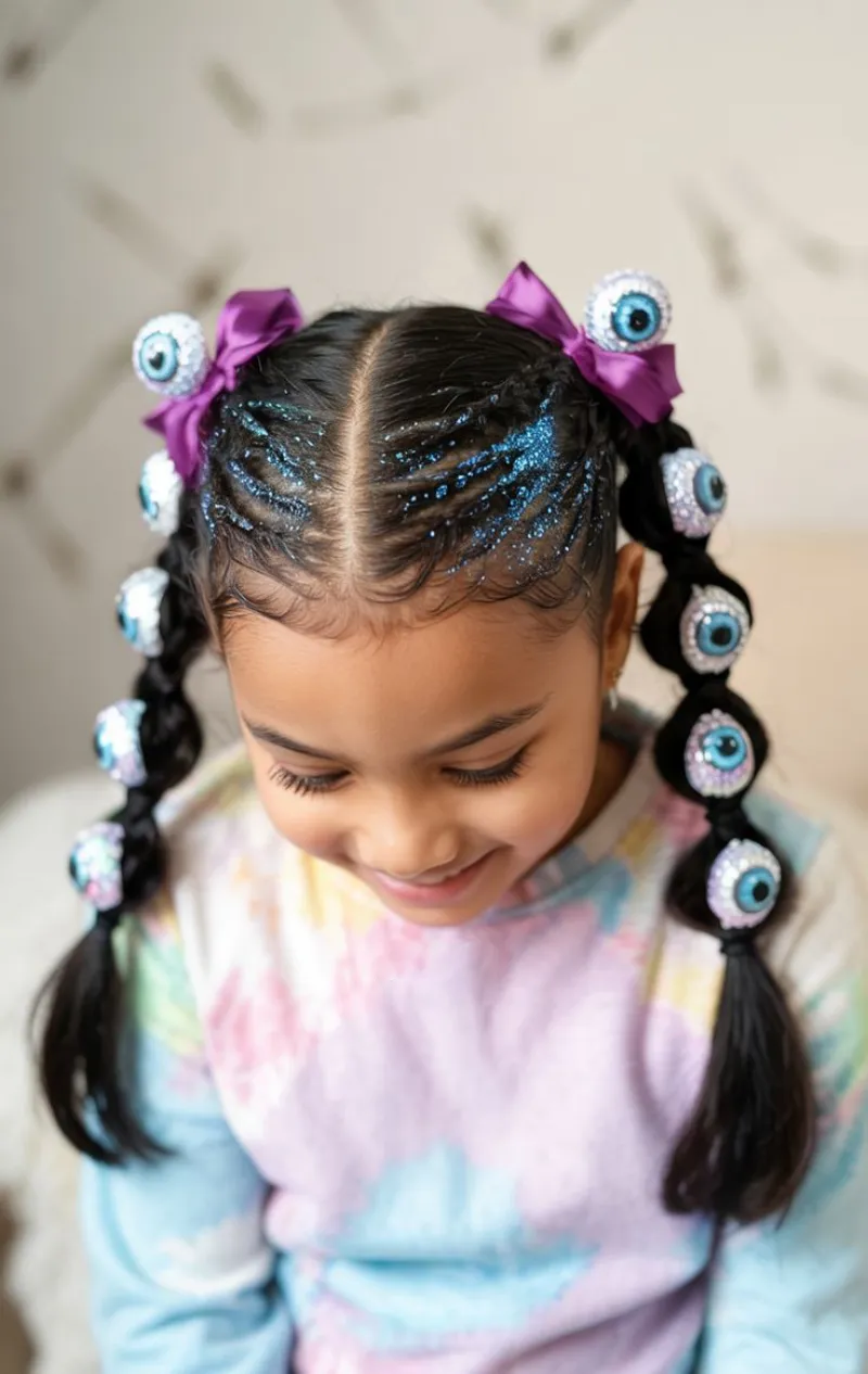 Braided pigtails with eye decorations for kids