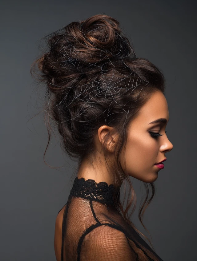 Sophisticated spider web updo for Halloween