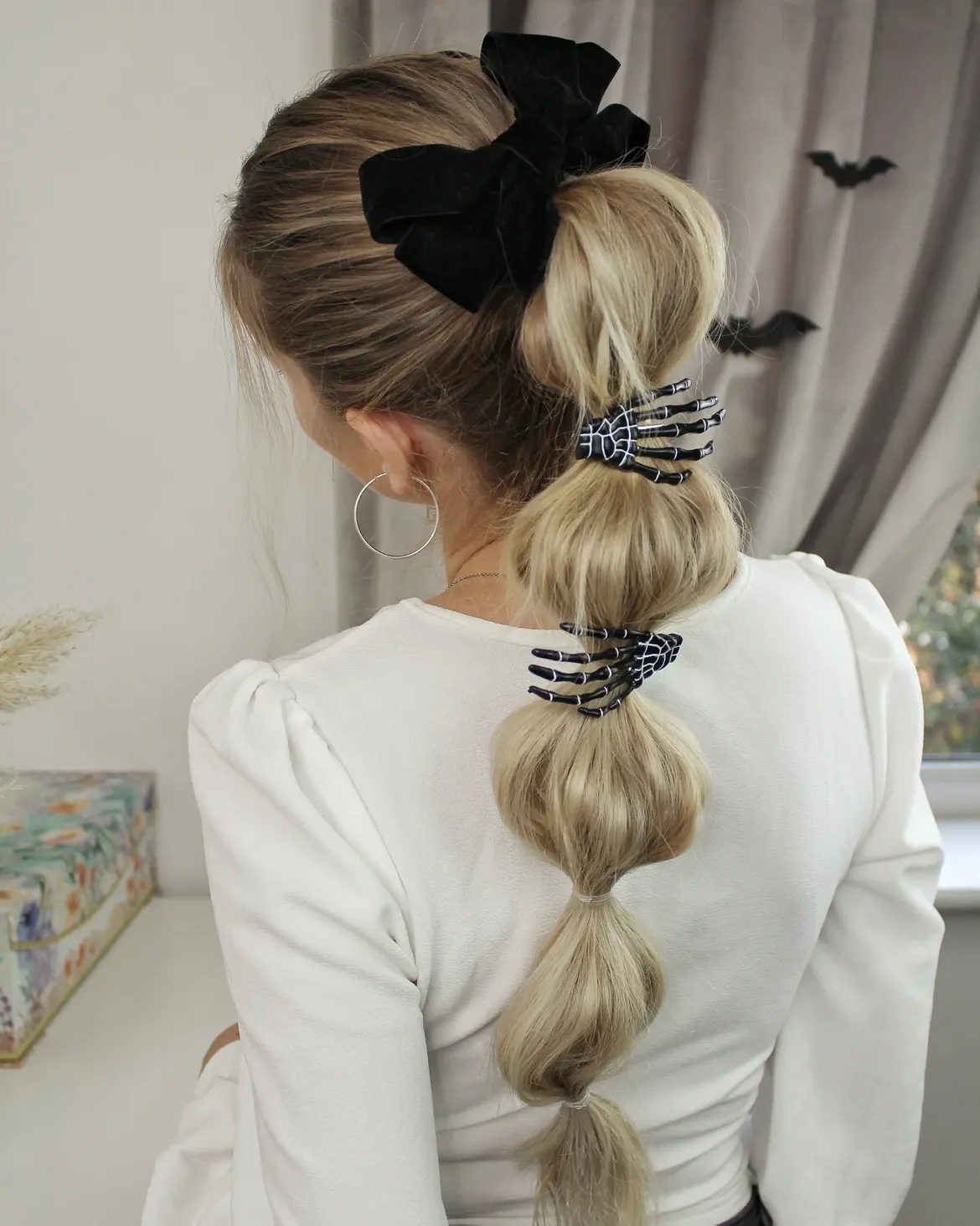 Bubble ponytail with skeleton clips for Halloween