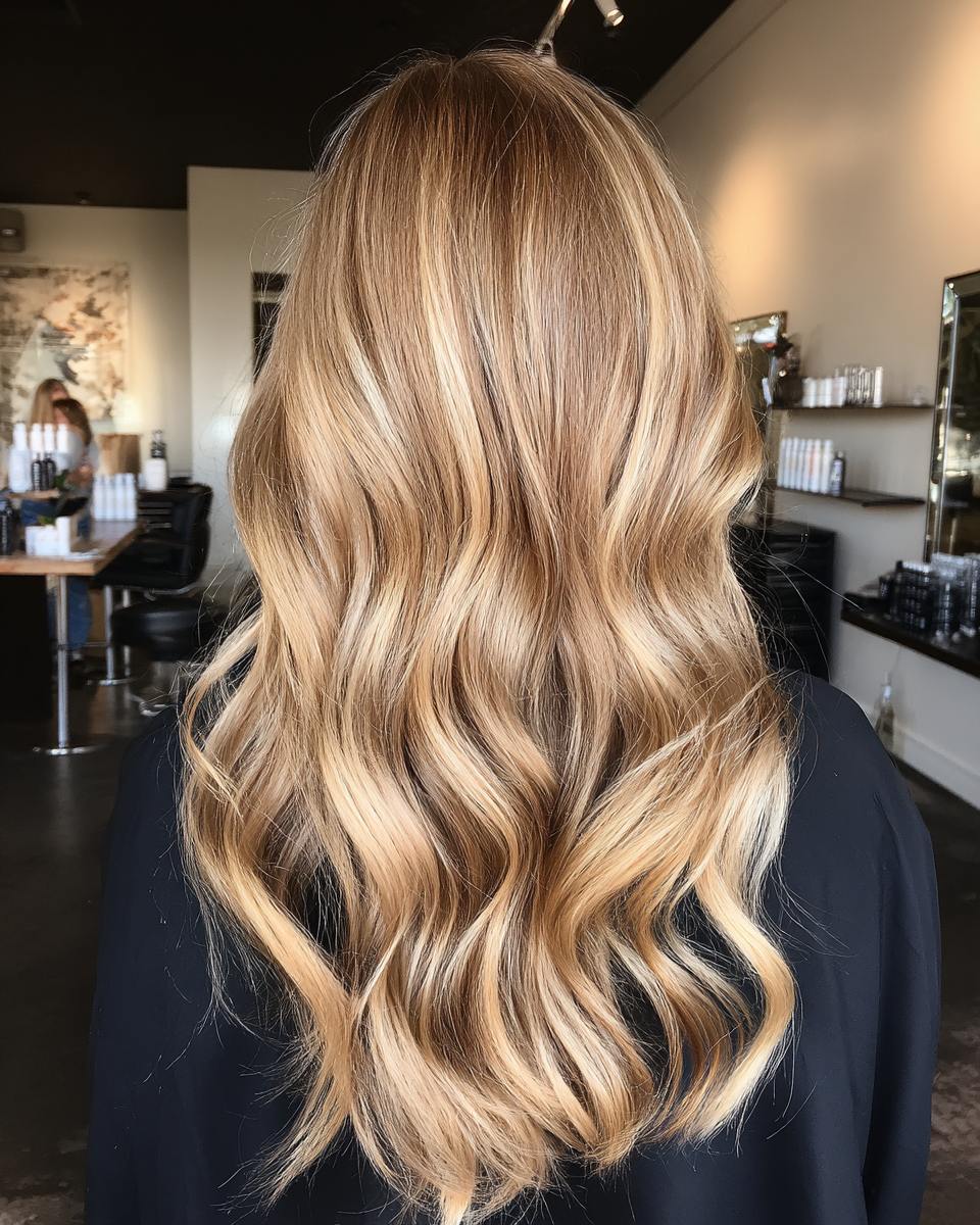 Soft honey blonde waves on long hair