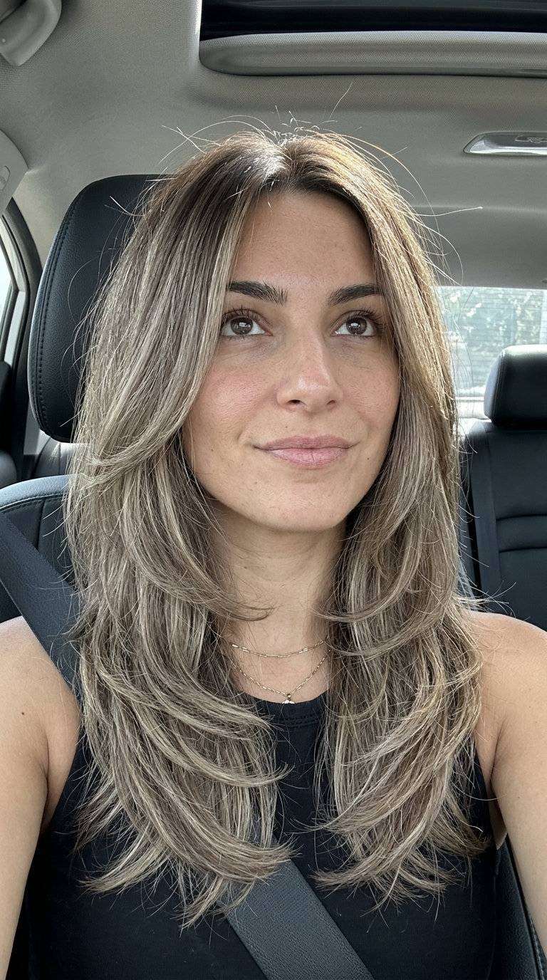 Medium-length hair with layered honey blonde highlights