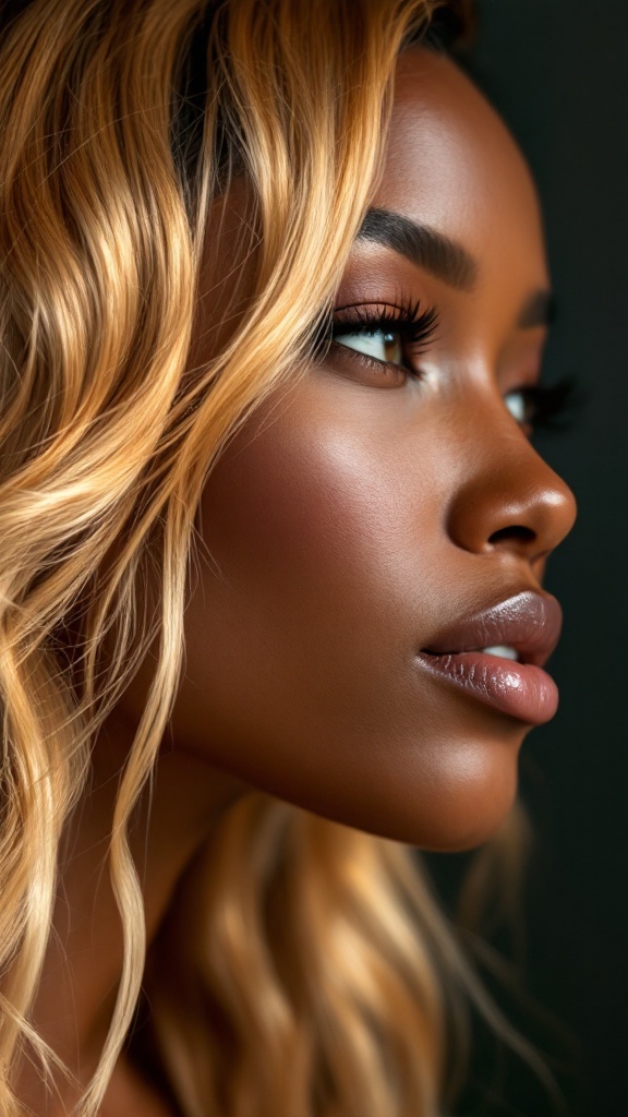 Glossy honey blonde waves on dark skin