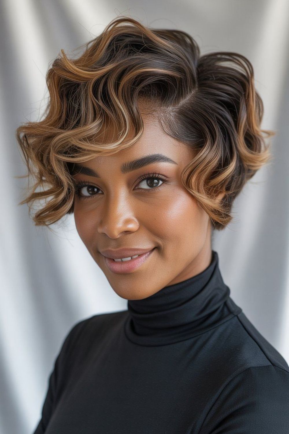 Short pixie cut with honey blonde highlights
