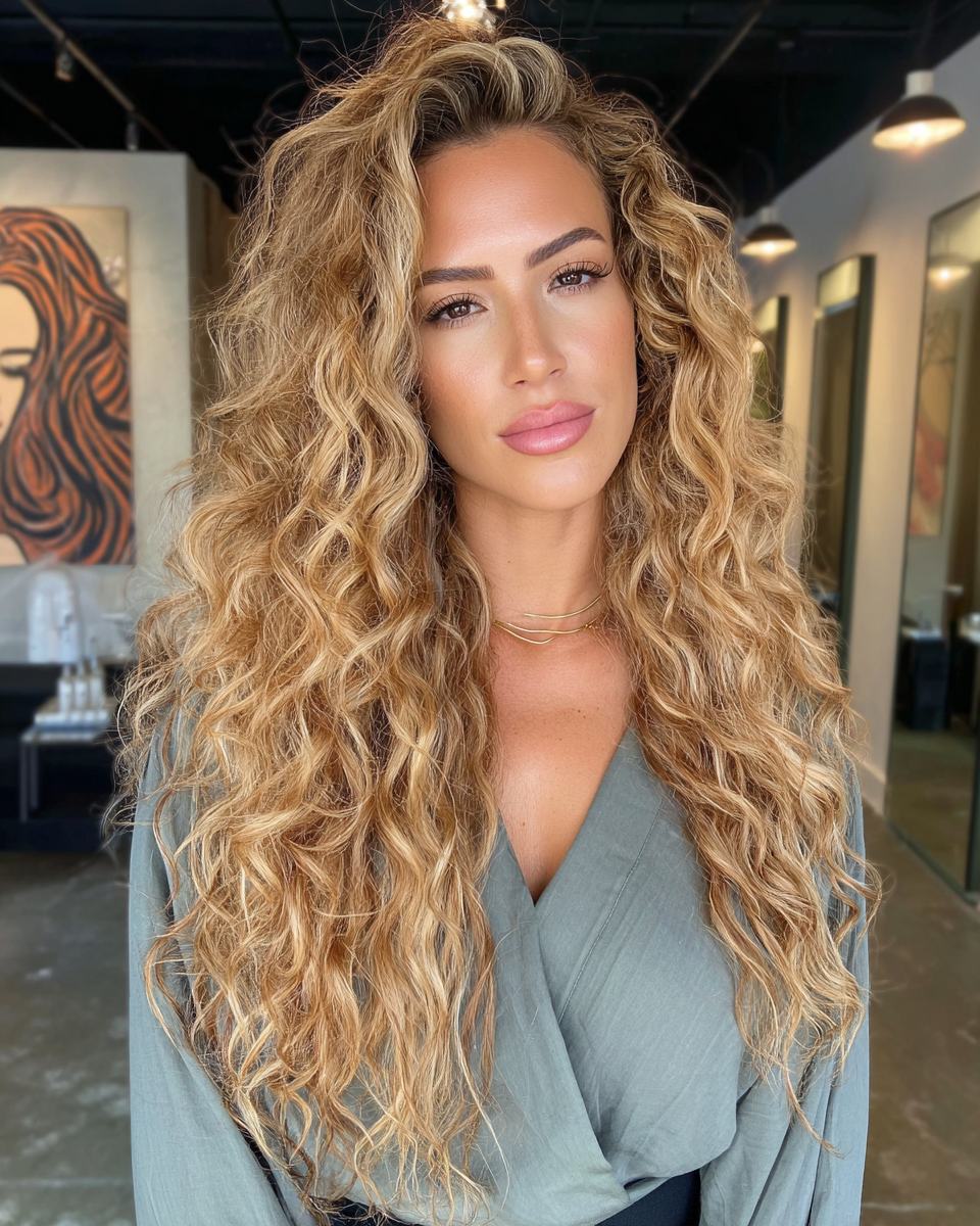 Long curly hair with honey blonde tones