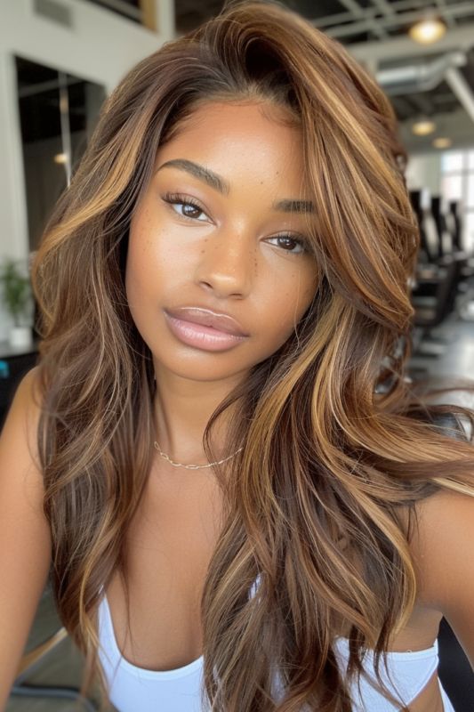 Medium-length wavy hair with subtle honey blonde highlights