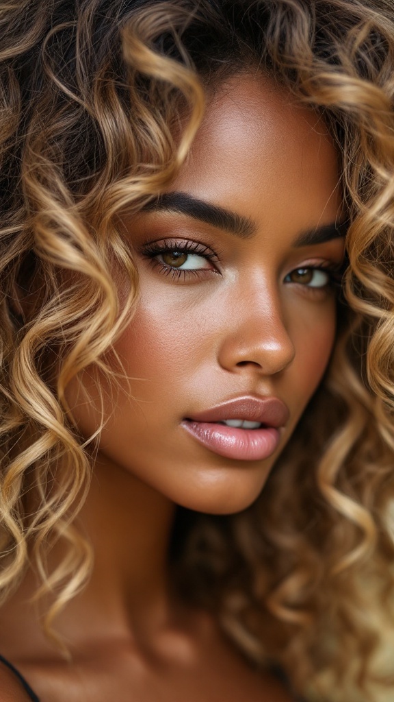 Tight curls with honey blonde highlights