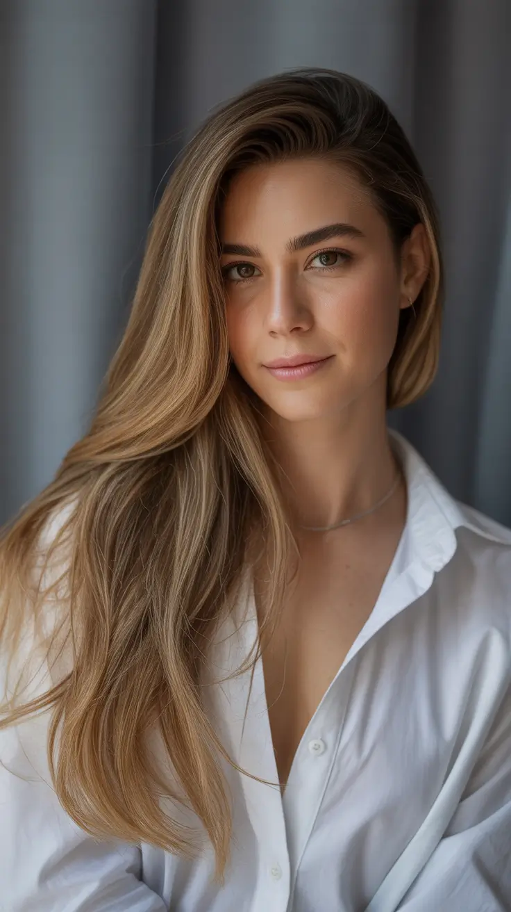 Long sleek hair with honey blonde hue
